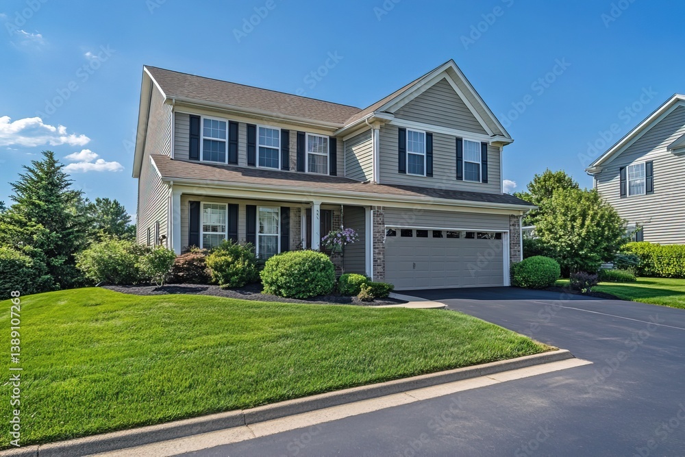 composition two-story suburban house with a manicured lawn, surrounded by a paved driveway and clear blue sky composition two-story suburban house with a manicured lawn, surrounded by a paved driveway and clear blue sky