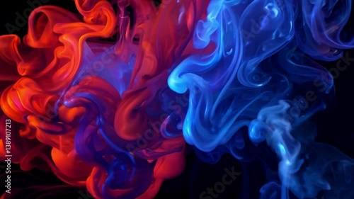 Vibrant red and blue ink clouds mixing in water, creating dynamic swirls and fluid patterns. The colors gradually blend and transform, forming abstract artistic shapes against black background.