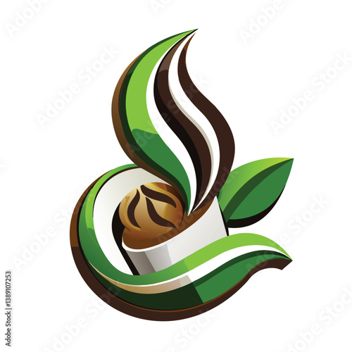 A stylized image of a coffee cup with green leaves and steam, representing the refreshing and invigorating nature of coffee.