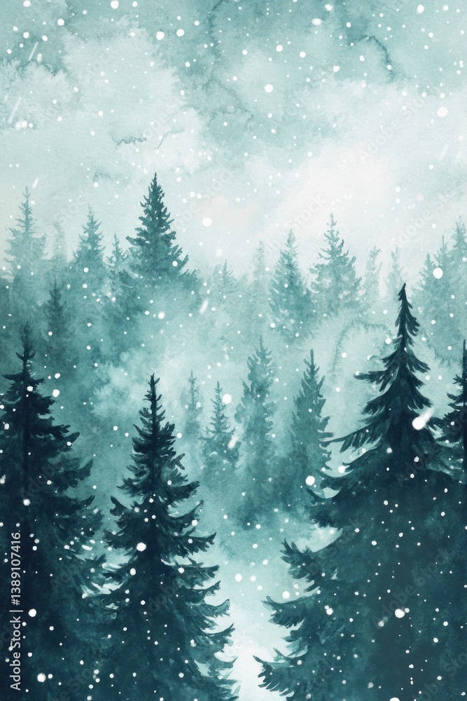 Obraz premium A wintry watercolor painting showing a forest in snowfall conditions