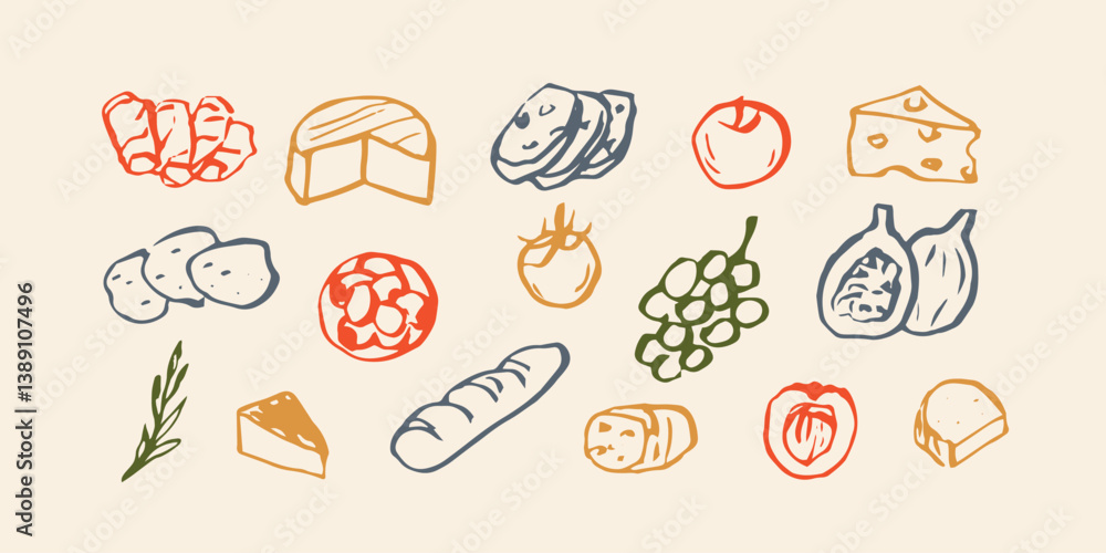 Fototapeta premium Hand drawn sketch charcuterie board food illustration