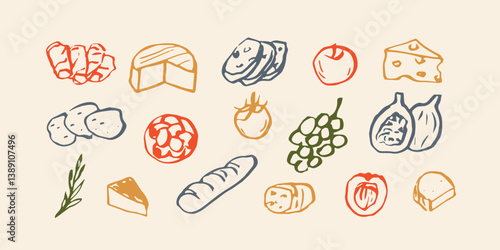 Hand drawn sketch charcuterie board food illustration
