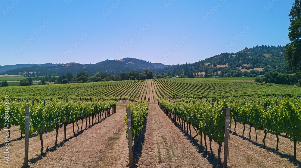 Fototapeta premium Lush vineyard landscape on a clear day, rows of vines stretch towards the hills