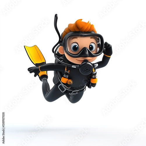 adorable 3d cartoon style boy scuba diver in special suit on white background