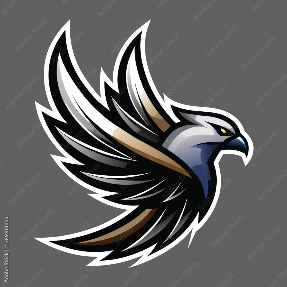Fototapeta premium A stylized black and white hawk with its wings spread open. The hawk is in a profile view, and its wings are feathered and detailed.