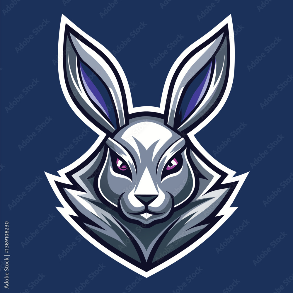 Fototapeta premium A white rabbit mascot with purple eyes on a blue background. The rabbit is looking directly at the viewer, and has a serious expression on its face.