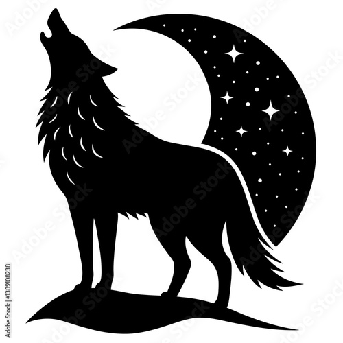 Howling wolf silhouette vector with Halloween theme. Ideal for spooky seasonal designs, digital art, and printable Halloween decorations. Versatile, easy to use.

