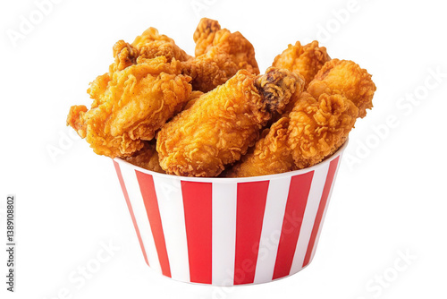 Crispy golden fried chicken drumsticks in a red and white striped cup isolated on a transparent background highlighting their appetizing and indulgent appeal