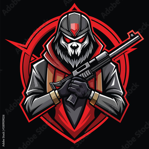An illustration of a masked figure holding a gun in front of a red circle. The figure is wearing a black jacket and a red scarf.