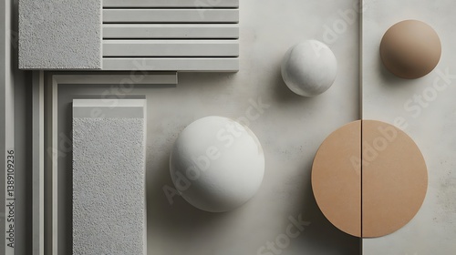 Abstract geometric shapes, textured surfaces, neutral tones.