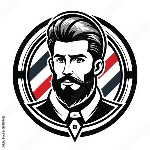 A black and white illustration of a man with a beard and a classic hairstyle. He is wearing a collared shirt and tie. The logo includes a red, white, and blue barber pole.