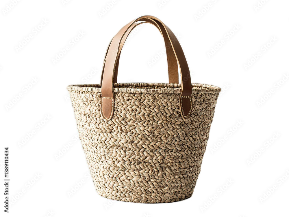Handwoven market basket made from seagrass with leather handles, natural variations in weave pattern, shopping essential on white background Handwoven market basket made from seagrass with leather handles, natural variations in weave pattern, shopping essential on white background