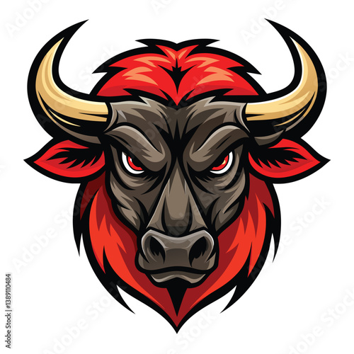 A digital illustration of an angry bull head with red fur, staring intensely with a determined expression.