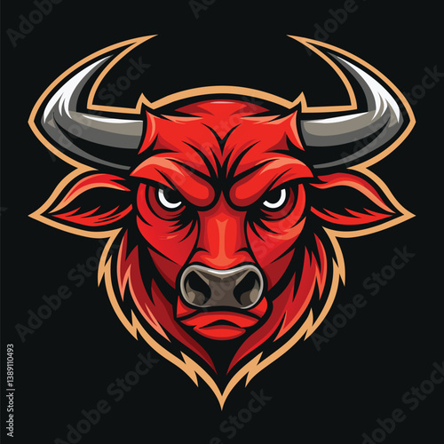 An illustration of a fierce red bull mascot with large horns and a menacing expression, isolated against a black background.