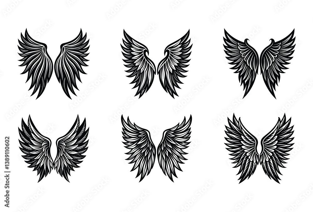 Mysterious Black Wings Vector Clipart – A collection of elegant and shadowy angel wing illustrations suitable for dark fantasy art or gothic decor design. Mysterious Black Wings Vector Clipart – A collection of elegant and shadowy angel wing illustrations suitable for dark fantasy art or gothic decor design.