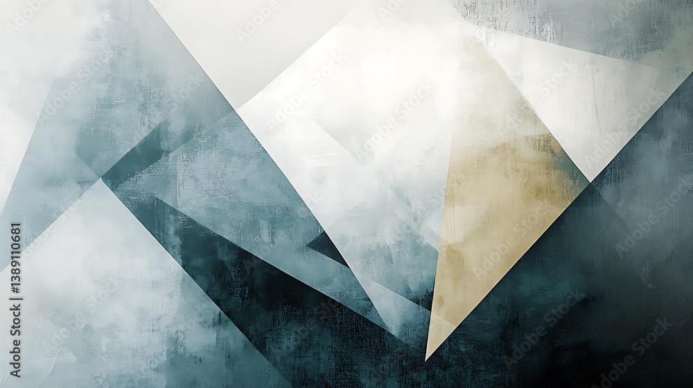 Abstract geometric art with textured triangles in muted blues, grays, and gold. Abstract geometric art with textured triangles in muted blues, grays, and gold.