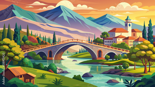 Magnificent spring view of Old Mes Bridge. Gorgeous morning landscape of Shkoder. Breathtaking outdoor scene of Albania, Europe. Traveling concept background.