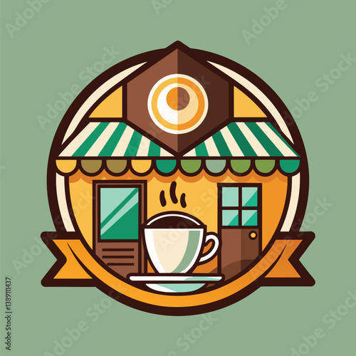 An illustration of a coffee shop, featuring a cup of coffee with steam rising above it, a store front with a window and door, and a striped awning above the store.
