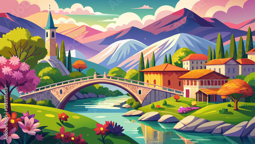 Magnificent spring view of Old Mes Bridge. Gorgeous morning landscape of Shkoder. Breathtaking outdoor scene of Albania, Europe. Traveling concept background.
