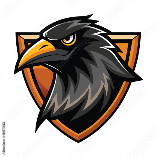 A black raven head logo design with a orange shield. The raven is facing right and has a fierce expression.
