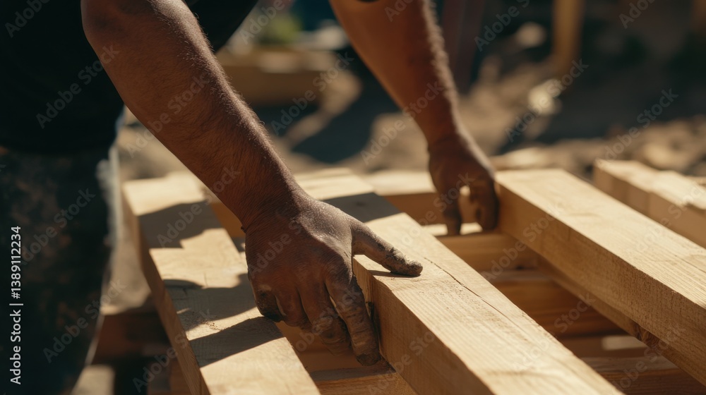 A Hispanic construction worker installing wooden beams for a roof. Featuring precision and strength A Hispanic construction worker installing wooden beams for a roof. Featuring precision and strength