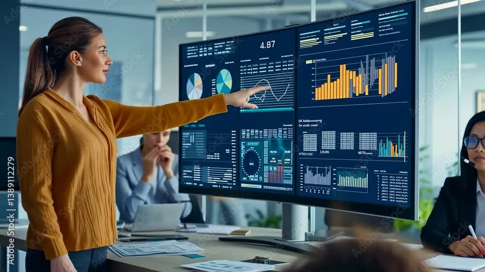 A diverse team collaborates modern office, analyzing complex data visualizations displayed large screen. Charts, graphs, , real-time metrics drive their discussion, reflecting strategic business