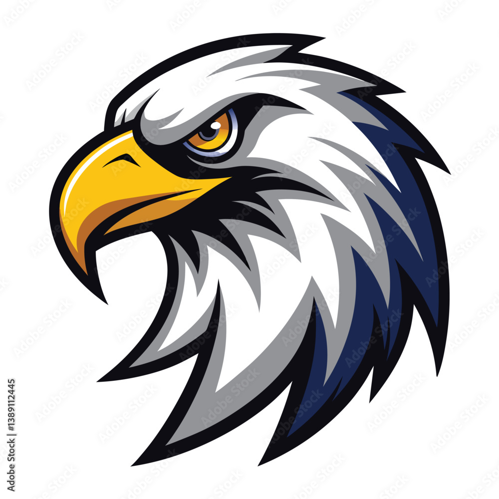 Fototapeta premium A cartoon illustration of a bald eagle head with sharp eyes, a yellow beak, and a white and blue plumage.