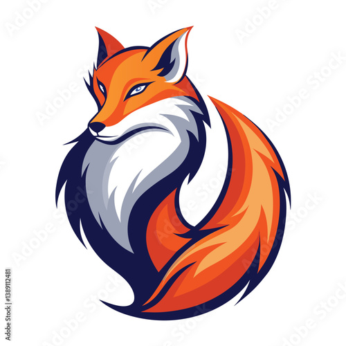 An orange fox with blue trim sits on a white background. Its tail is curled around its body. The fox has a white chest and a blue eye.