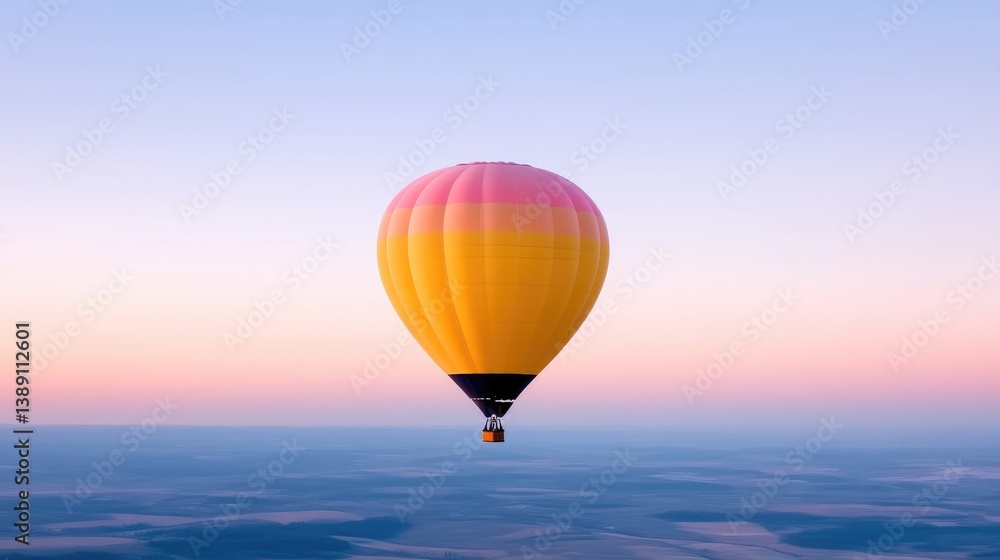 Obraz premium Colorful hot air balloon floats above a hazy landscape at dawn