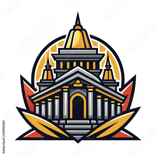 A digital illustration of a golden temple with a sunburst and lotus leaves on a white background.