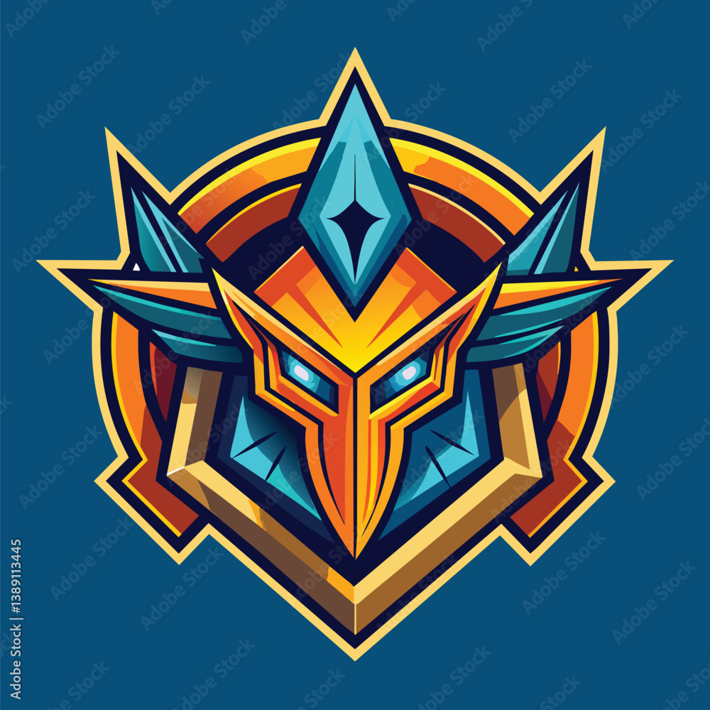 An abstract robot face logo design with a golden and blue color scheme. The logo features a geometric design with sharp angles and a stylized face. An abstract robot face logo design with a golden and blue color scheme. The logo features a geometric design with sharp angles and a stylized face.