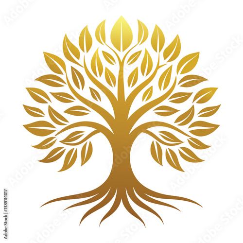 A simple illustration of a golden tree with deep roots on a white background.