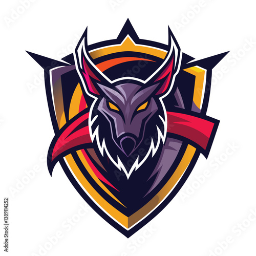 A digital illustration of a fierce black wolf mascot logo design with a red cape and gold shield.