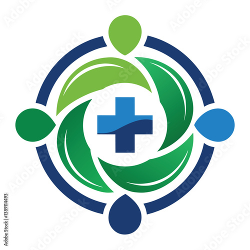 A logo with a blue cross in the center surrounded by green leaves and blue and green people shapes.