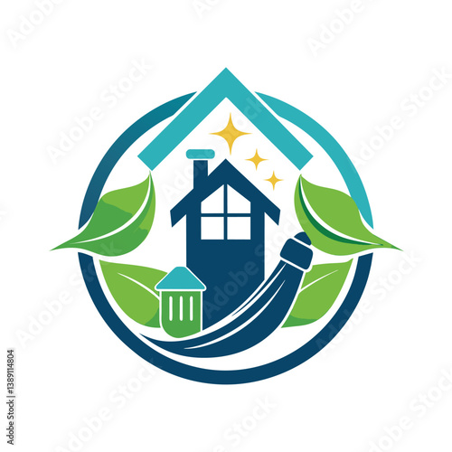 A circular logo featuring a blue house, a green cleaning brush, and leaves, representing a home cleaning service.