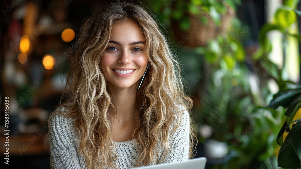 Naklejka premium Cheerful and Radiant Blonde Woman with Curly Hair Smiling Joyfully While Enjoying the Warm Sunlight in the Lush Natural Surroundings of a Forest Setting The Image Conveys a Sense of Happiness