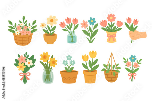 Various colorful spring flowers in pots, vases, bouquets, and baskets. Cute flat seasonal illustration.