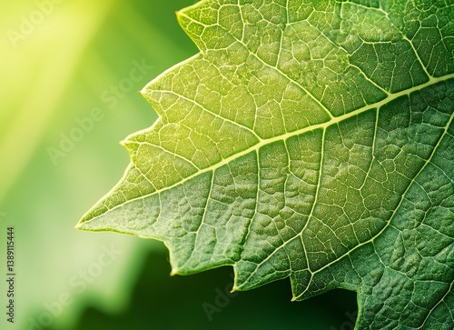 Close-up of a green grape leaf with visible veins on a blurred background, captured through macro photography. The image showcases the intricate texture and structure of the green leaf. This nature