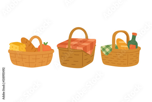 Three cute picnic baskets with bread, drinks, cheese and fruit in cartoon spring style.
