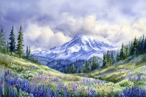Watercolor painting depicts a mountain landscape with flowering meadow