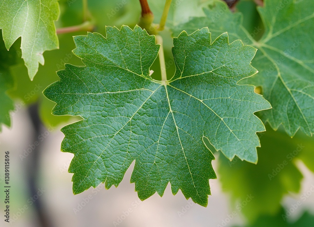Close-up of a green grape leaf with visible veins on a blurred background, captured through macro photography. Close-up of a green grape leaf with visible veins on a blurred background, captured through macro photography.
