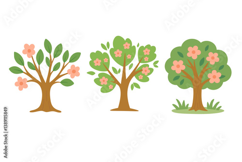 Set of cartoon spring trees with green leaves and blooming pink flowers in flat style.