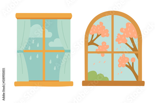 Vector set of two cartoon windows with spring views, rainy and sunny floral scenes outside.