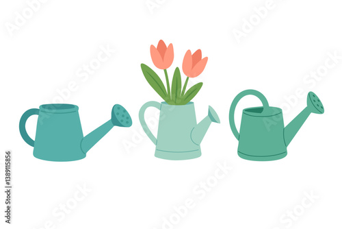 Vector set of spring watering cans in cartoon flat style, one with tulip flowers inside.