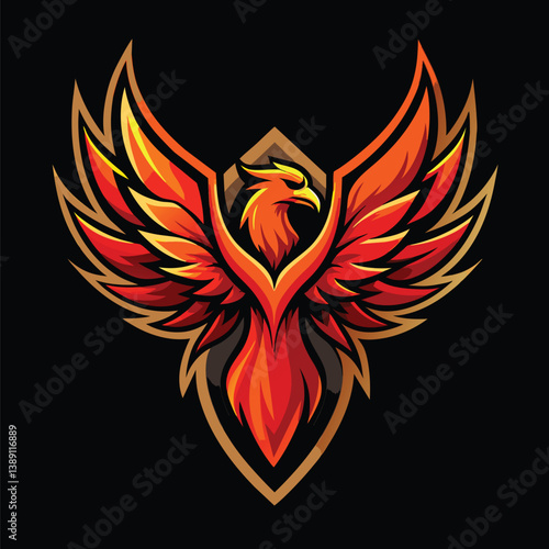 A digital illustration of a fiery red phoenix with wings spread wide, set against a black background. The phoenix is in the center of a golden crest, which is shaped like a shield.
