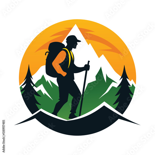 A silhouette of a backpacker hiking through the mountains at sunset. The hiker is wearing a backpack and carrying a trekking pole.