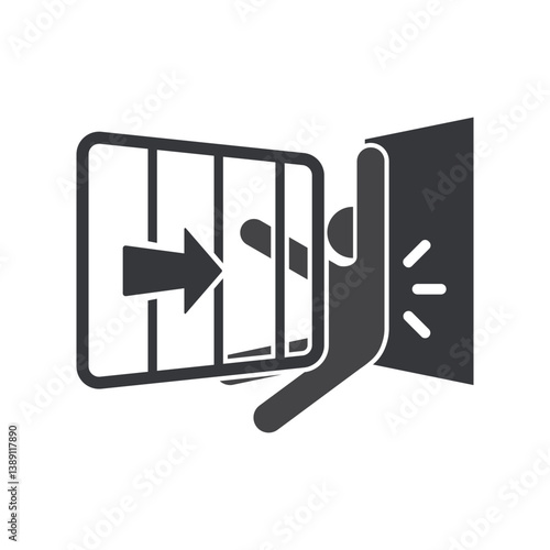 Isolated pictogram showing a person trapped by a moving door, with a caution symbol to keep the gate clear.