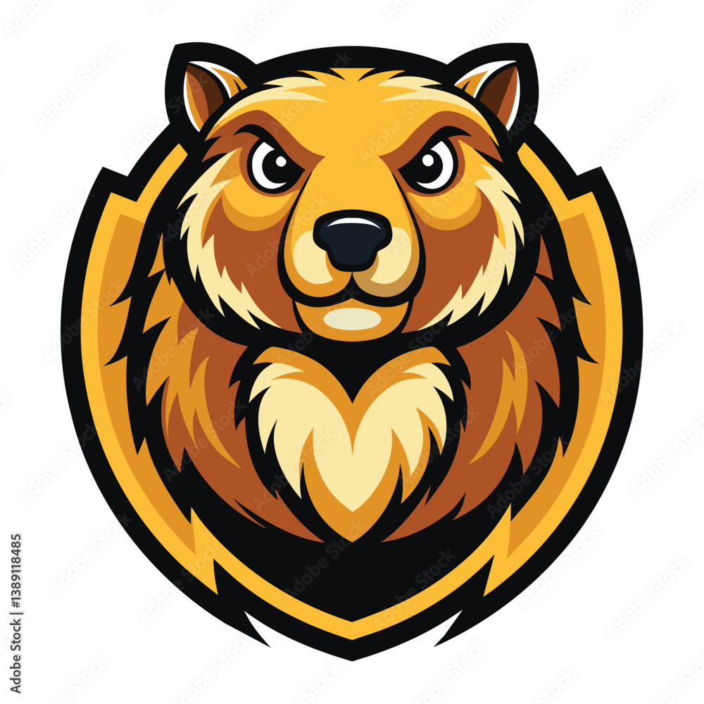 Fototapeta premium A cartoon brown bear mascot logo design illustration with a fierce expression. The bears face is centered within a circular frame with a sharp, stylized design.