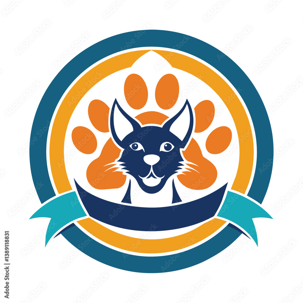 A logo featuring a stylized cat face inside a circle with a paw print and a blue ribbon. The logo is designed in a vibrant color scheme. A logo featuring a stylized cat face inside a circle with a paw print and a blue ribbon. The logo is designed in a vibrant color scheme.