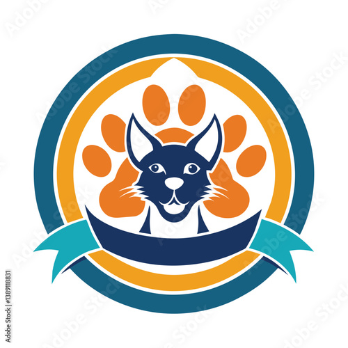A logo featuring a stylized cat face inside a circle with a paw print and a blue ribbon. The logo is designed in a vibrant color scheme.